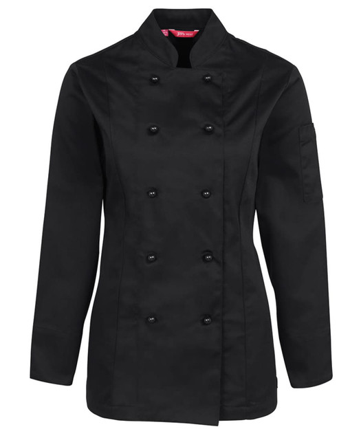 A black ladies' long-sleeve chef's jacket with a double-breasted design and a side pocket.