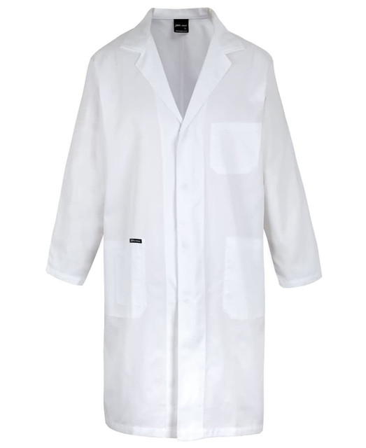 A white lab coat with long sleeves, featuring a pocket and a branded logo.