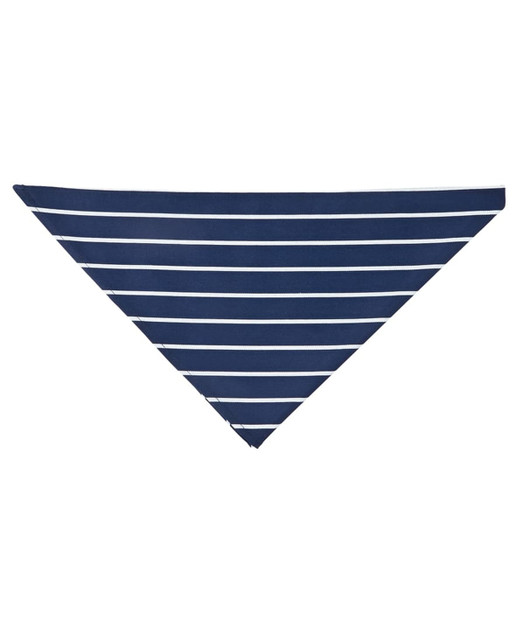 A navy blue and white striped chef's scarf with a triangular shape. It features a logo.