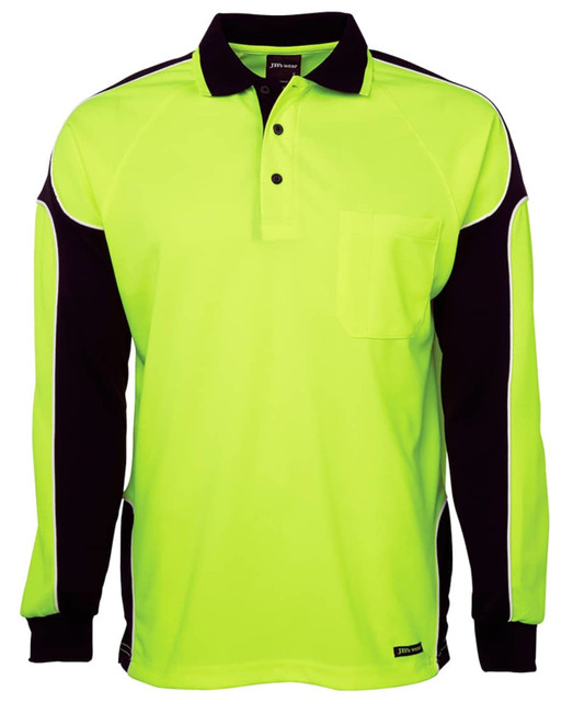 A long-sleeve polo shirt in high visibility yellow and black, featuring a chest pocket and contrasting panel design.