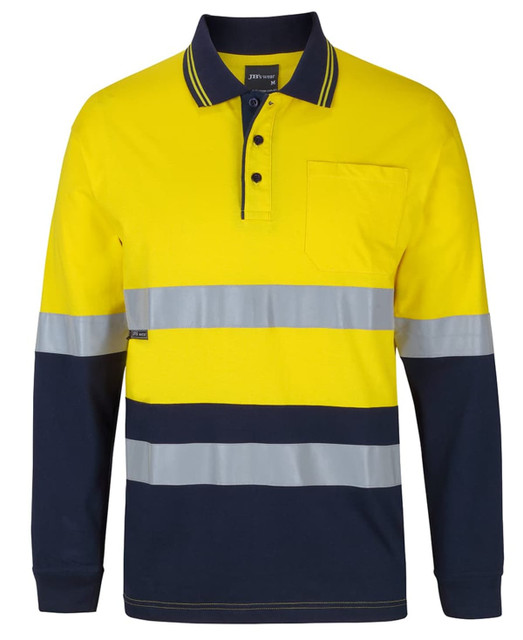 A long-sleeved cotton polo shirt in yellow and navy with reflective stripes and a pocket. Features a branded logo.
