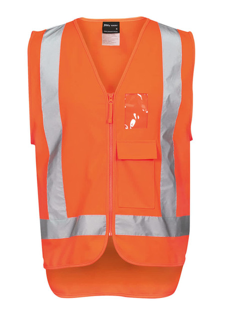 An orange work vest featuring silver reflective stripes and a front pocket, designed for visibility and safety.