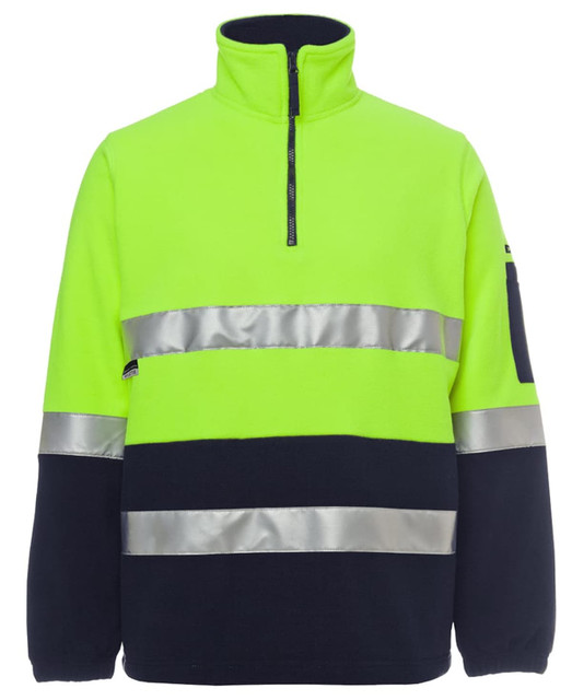 A bright yellow and navy polar fleece workwear jumper with reflective strips and a zip collar. Features a logo.