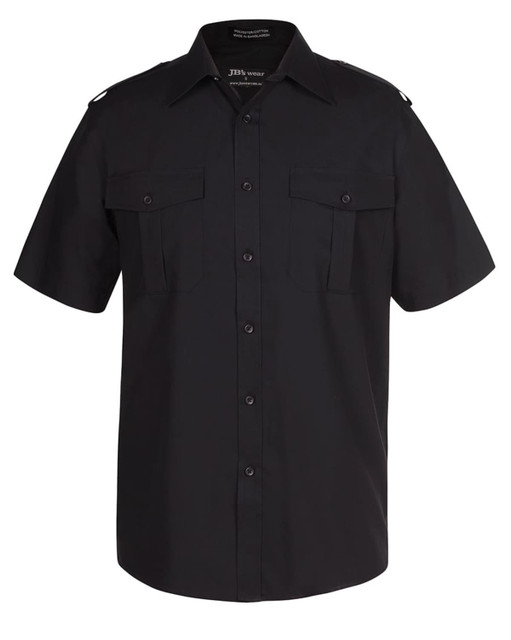 A short-sleeved black button-up shirt with two chest pockets and a logo on the collar.