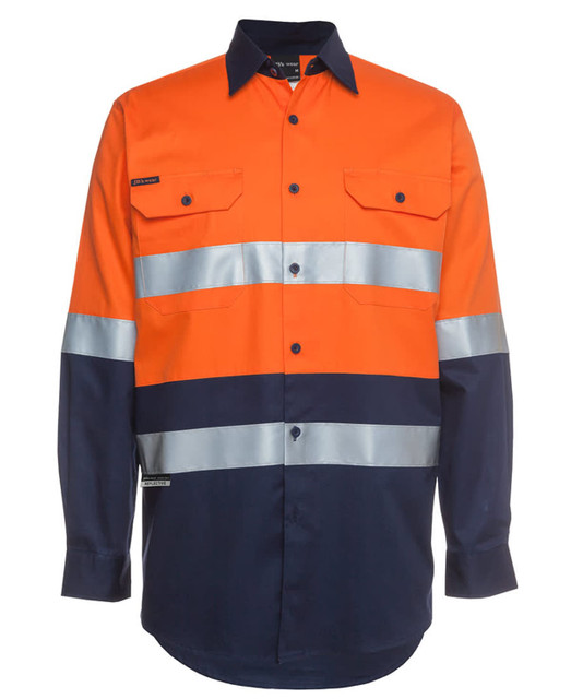 A long-sleeved work shirt in orange and navy, featuring reflective stripes and a branding logo.
