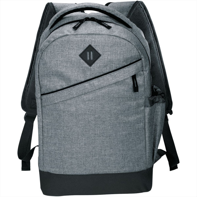 A grey laptop backpack with a sleek design, featuring a logo and various compartments for storage.