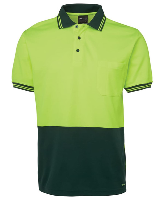 A high-visibility polo shirt featuring a bright yellow-green upper half and a dark green lower half, with a logo.