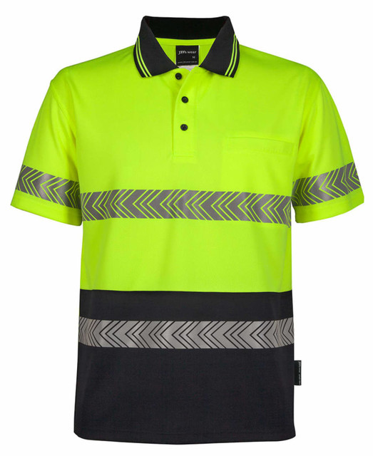 A yellow and black segmented tape polo shirt featuring reflective stripes and a pocket. It has a collar and short sleeves.