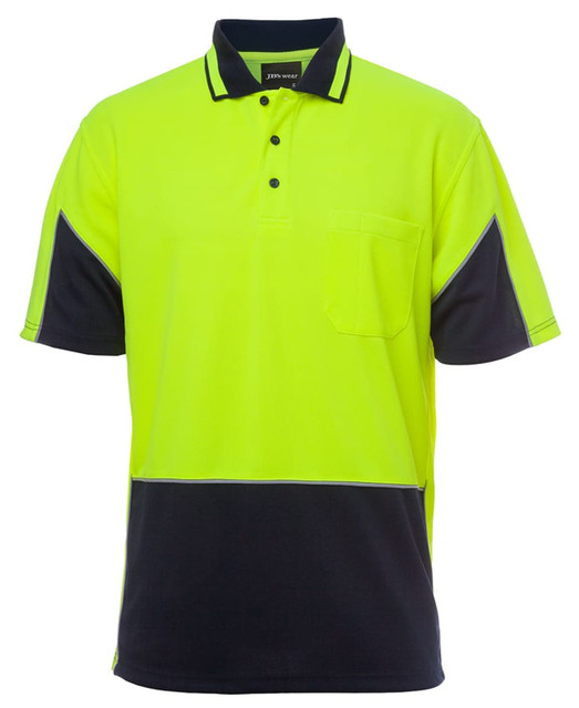 A bright high-visibility yellow and navy polo shirt, featuring a pocket and branding. Suitable for workwear.