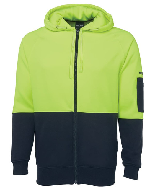 A high visibility fleece hoodie in bright lime green and navy, featuring a zip and a pocket on the sleeve, with branding.