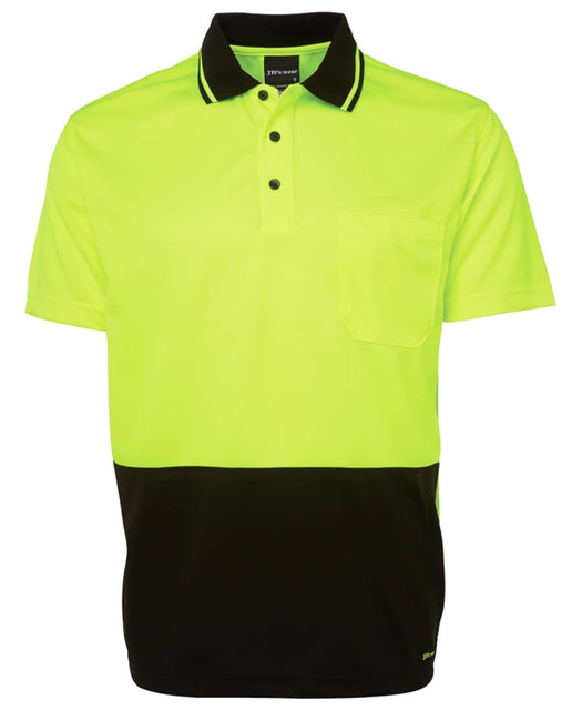 A high-visibility polo shirt in bright yellow with a black lower section and a pocket. It features a collar and a logo.