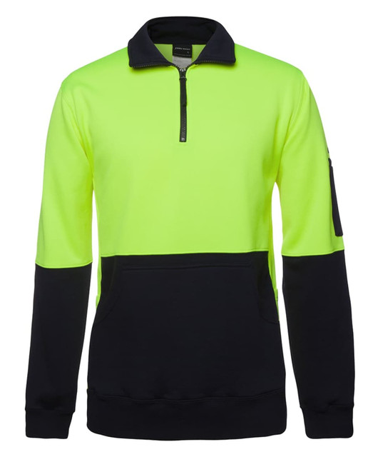 A fluorescent yellow and black fleece jumper featuring a half zip design and a pocket on the sleeve.