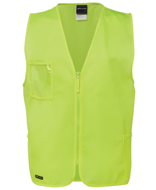 A bright yellow safety vest with a front zip and pockets, featuring a logo on the lower hem.