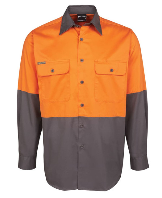 An orange and grey work shirt featuring two front pockets and a logo.