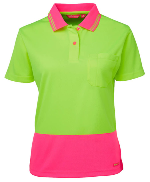 A ladies' short-sleeve polo shirt in vibrant neon green with a pink lower panel and a chest pocket. It features a logo.