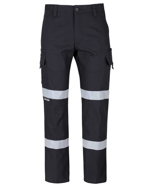 A pair of black cargo pants featuring reflective tape and multiple pockets, with a logo on the fabric.