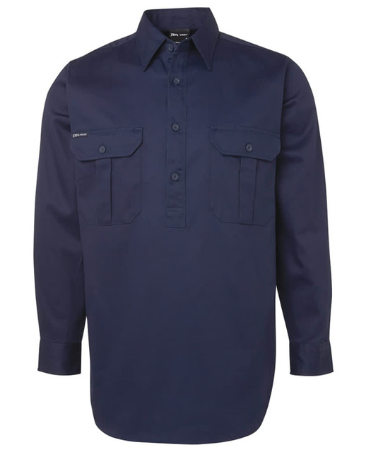 A long-sleeve navy work shirt featuring two front pockets and a collar, with a logo on the chest.