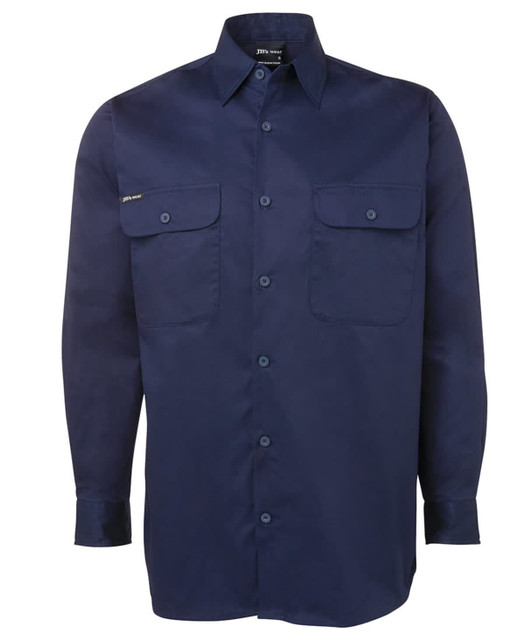 A navy long-sleeve work shirt with two chest pockets and a button-up front. It features a logo on the chest area.