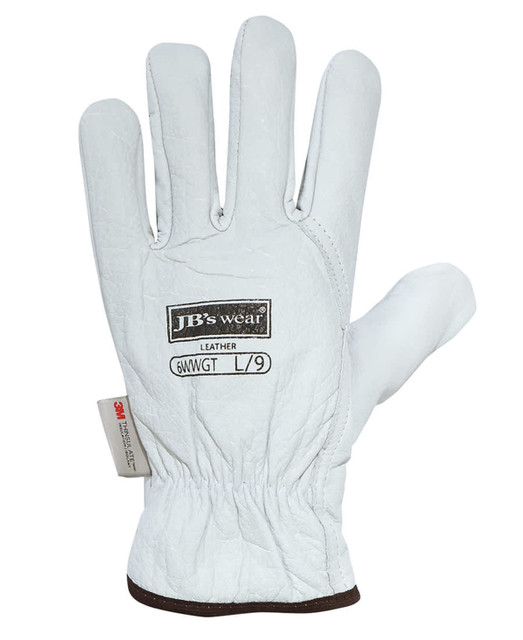 A white leather glove with a branded label, featuring five fingers and an elastic cuff.