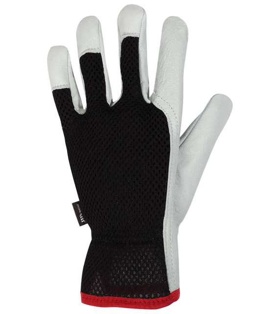 A black and natural glove featuring a mesh design and a fitted wrist. The glove has a logo.