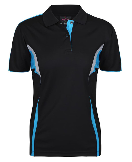 A black polo shirt with blue accents and a logo. Features a collar and buttoned placket. Suitable for casual or active wear.
