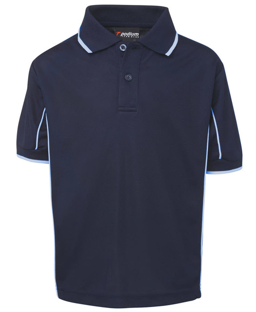 A navy polo shirt with white piping and a collar, featuring short sleeves and a logo. 