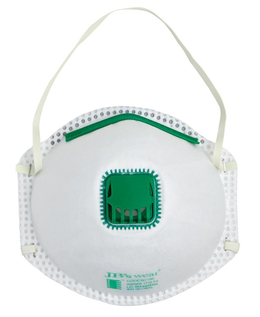 A white P2 respirator mask with a green valve and adjustable straps, featuring a logo on the side.