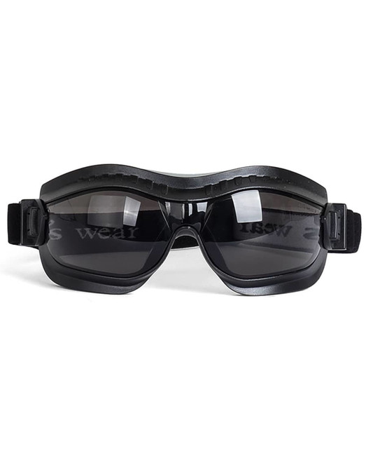 A pair of black safety goggles with a sleek design and adjustable straps.