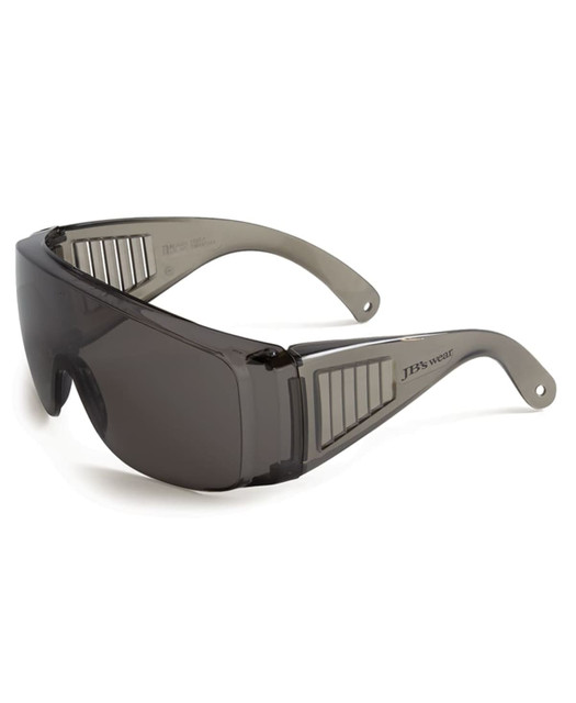 Safety sunglasses in dark grey with a sleek design, featuring ventilation on the sides and a branded logo.