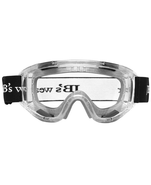 A pair of clear antifog goggles with a black elastic strap featuring a logo.
