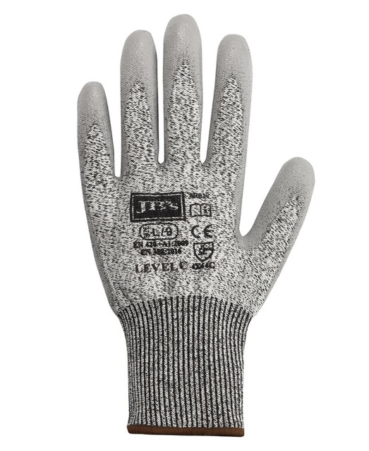 A grey cut-resistant glove with a knitted cuff and branding details. It features a textured grip surface.