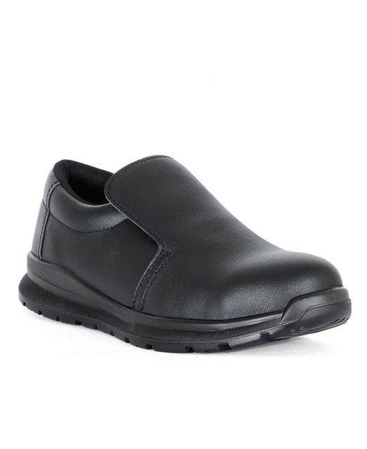A black microfibre shoe with a slip-on design and a sturdy sole. The shoe features a sleek finish and has a logo.
