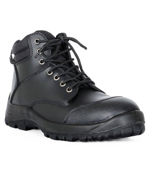 A black safety boot with sturdy laces and reinforced toe, featuring a rugged sole and ankle support.