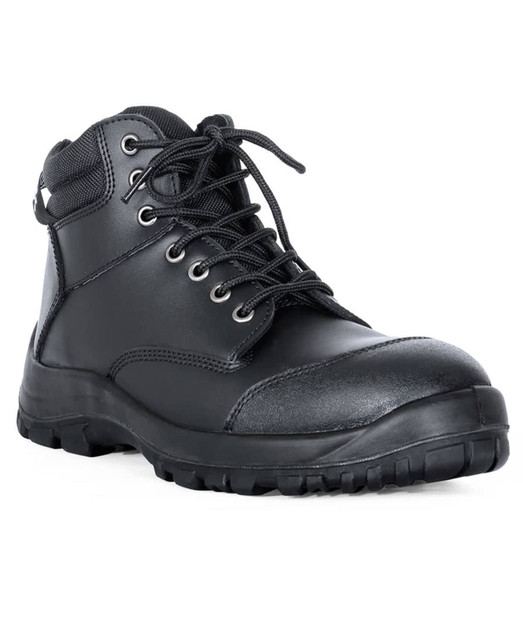 A black lace-up safety boot with a robust design and sturdy sole, featuring metal eyelets and a padded collar.