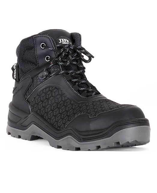 A black waterproof boot featuring a rugged design, sturdy sole, and textured mesh upper, with branding visible.