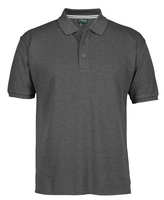 A grey pique polo shirt featuring a collar and a logo. It has short sleeves and three buttons at the neckline.