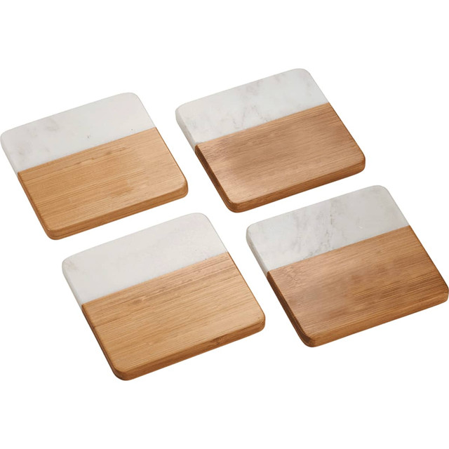 A set of four coasters featuring a marble top and bamboo base, in a natural colour scheme.
