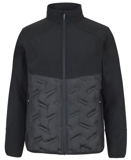 A black hybrid jacket featuring a soft shell upper and quilted lower section, with side pockets and a front zip.