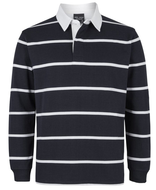 A striped navy and white long-sleeve polo shirt with a collar, featuring a logo on the chest.