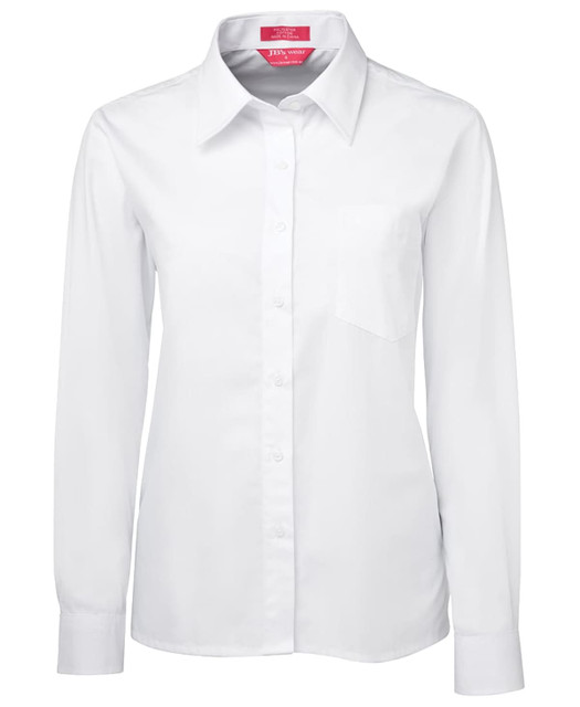 A white long-sleeved button-up shirt featuring a single chest pocket and a logo on the collar.