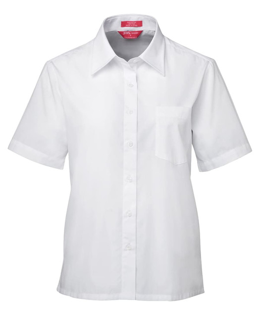 A white short-sleeve button-up shirt with a left chest pocket and collar, featuring a logo.