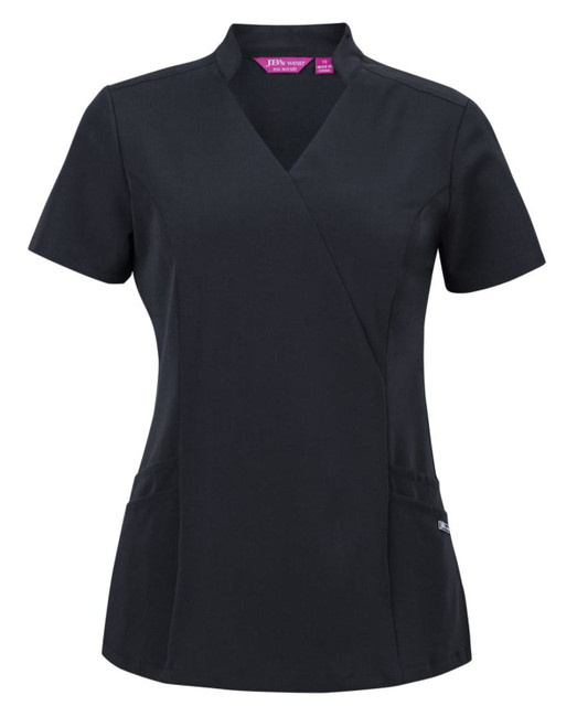 A black scrub top featuring a mandarin collar and short sleeves, with pockets and a logo.