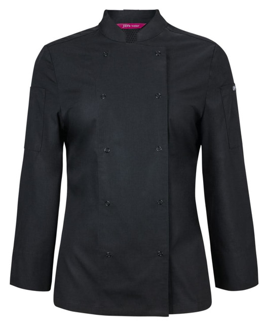 A black long-sleeve chef's jacket featuring snap buttons and a collar, designed for women. Includes a logo on the sleeve.