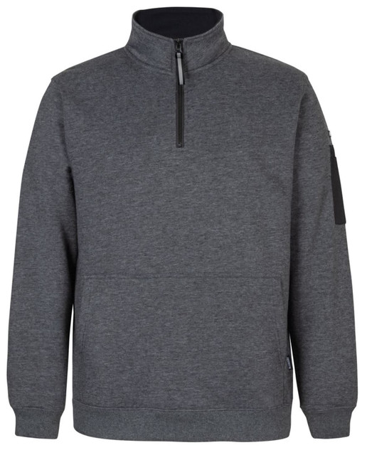 A grey 1/2 zip fleece jumper featuring a high collar and a side pocket, with a logo on the sleeve.