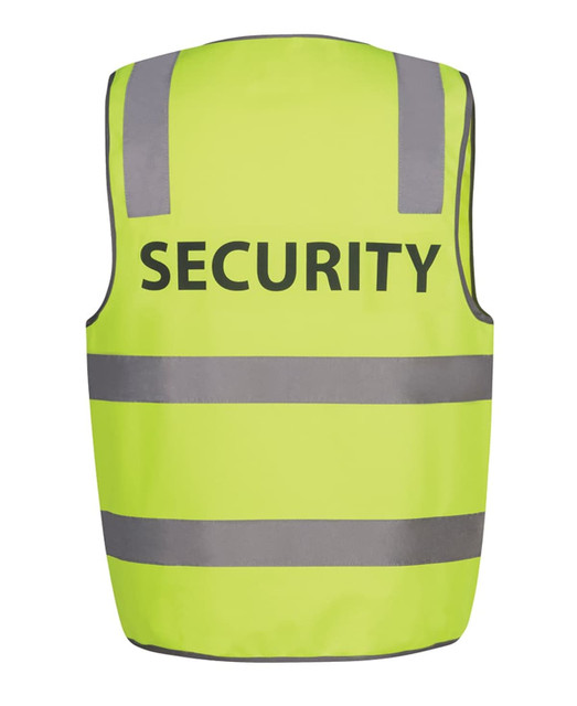 A lime safety vest featuring reflective stripes and a logo, designed for security use.
