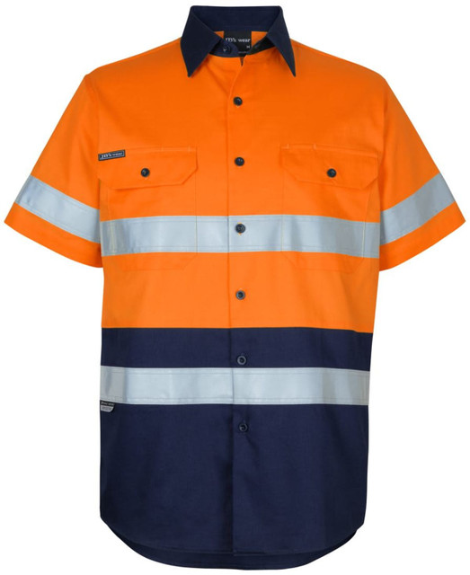 An orange and navy short-sleeve work shirt with reflective stripes and a logo.