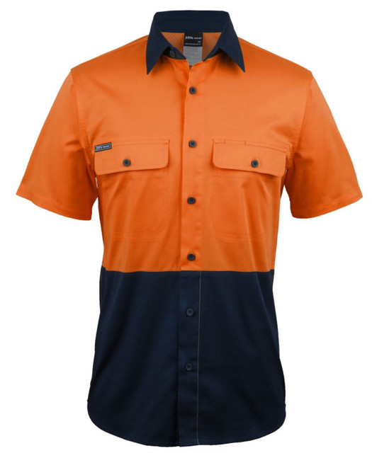 An orange and navy work shirt featuring a logo, front pockets, and a collared design. Ideal for workwear.