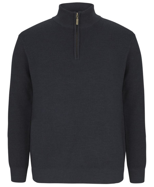 A chunky half-zip jumper in dark grey, featuring ribbed texture and a zip collar. It has a logo on it.