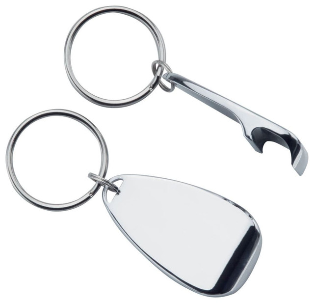 A drink bottle opener keyring in silver, featuring a keyring and a bottle opener attachment.