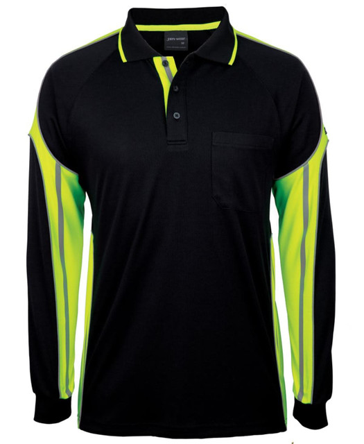 A long-sleeved black polo shirt with bright yellow stripes on the sleeves and a chest pocket. It features a logo.